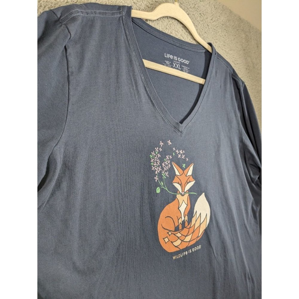 Life is Good Shirt XXL Crusher Long Sleeve T V Neck Fox Wildlife is Good Blue - Picture 10 of 13